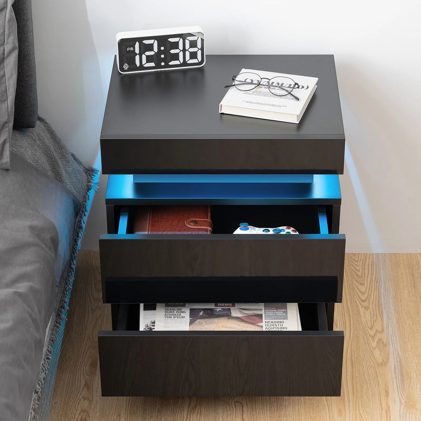 Modern LED Nightstand with 2 Drawers High Gloss Led Light Bedside Table Storage Black Night Table with Lights End Side Table with Drawer for Bedroom 20.5" Tall