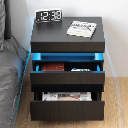 Modern LED Nightstand with 2 Drawers High Gloss Led Light Bedside Table Storage Black Night Table with Lights End Side Table with Drawer for Bedroom 20.5" Tall