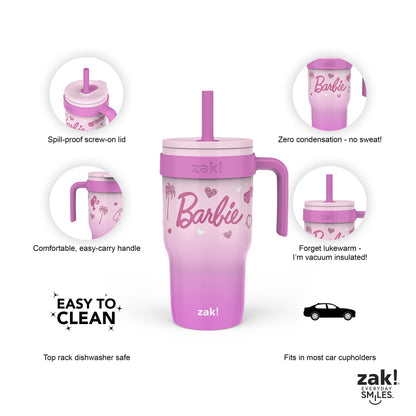 18Oz Barbie Kids Straw Handle Tumbler, Stainless Steel Vacuum Insulated Cruiser Tumbler with Silicone Straw Utilizing Leak-Proof Valve, Travel Straw Tumbler with Handle