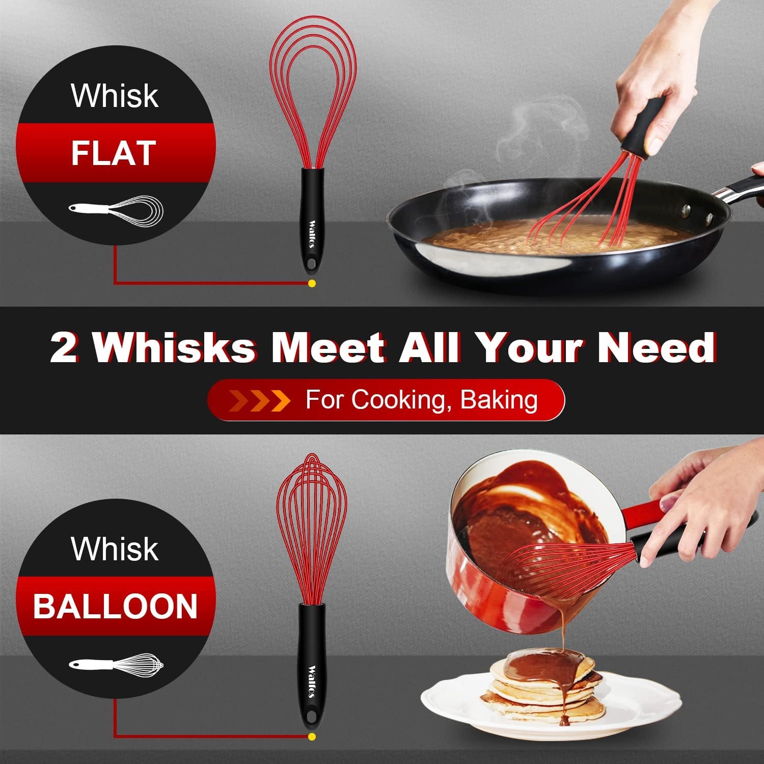 Silicone Whisk Set,  11'' Flat Whisk and 10'' Balloon Whisk for Blending Beating Stirring and Kitchen Cooking