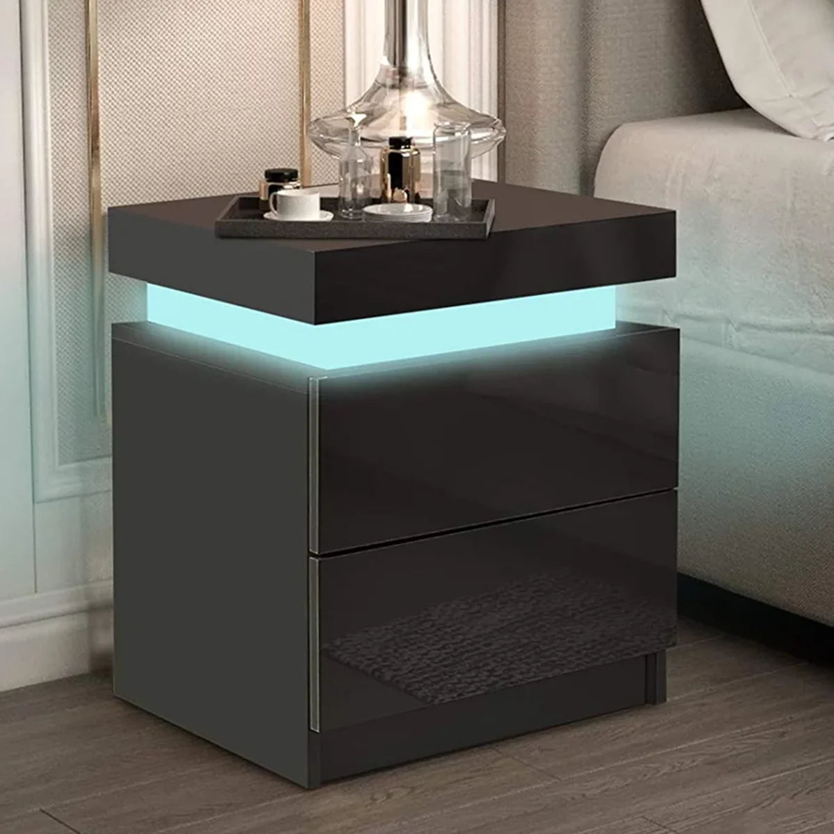 Modern LED Nightstand with 2 Drawers High Gloss Led Light Bedside Table Storage Black Night Table with Lights End Side Table with Drawer for Bedroom 20.5" Tall