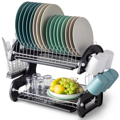 2 Tier Dish Drainer Drying Rack Large Capacity Kitchen Storage Stainless Steel Holder,Washing Organizer - Overall Dimensions: 22.83" X 11" X 14.57" (L X W X H)