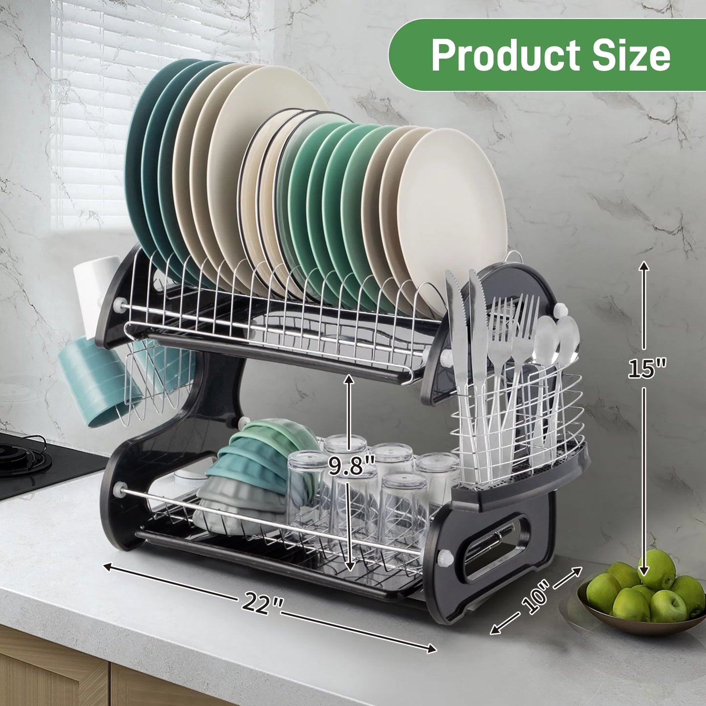 2 Tier Dish Drainer Drying Rack Large Capacity Kitchen Storage Stainless Steel Holder,Washing Organizer - Overall Dimensions: 22.83" X 11" X 14.57" (L X W X H)