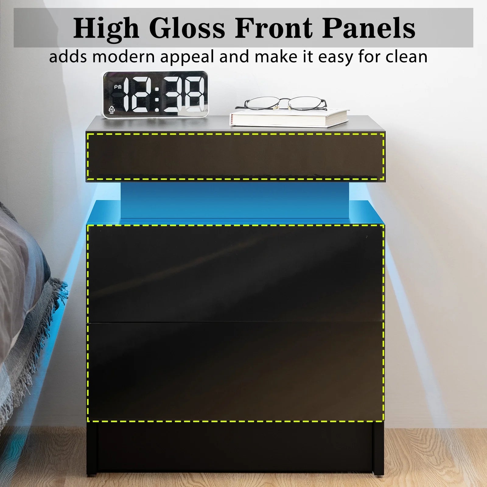 Modern LED Nightstand with 2 Drawers High Gloss Led Light Bedside Table Storage Black Night Table with Lights End Side Table with Drawer for Bedroom 20.5" Tall