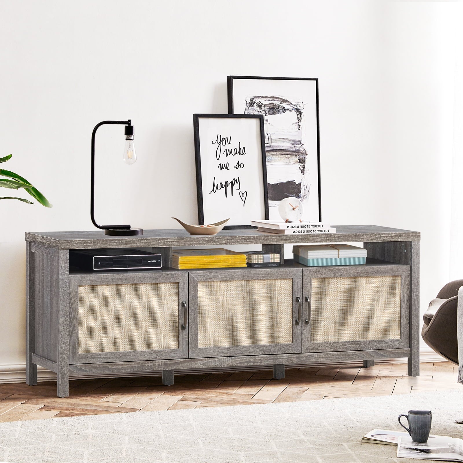 Universal TV Stand Cabinet Television Media Console with 3 Rattan Doors Grey