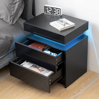 High Gloss LED Nightstand Set of 2 Black Bedside Table with 2 Drawers Modern Night Stand with Drawer Side Table Cabinet with Led Night Stands for Bedroom Side Table for Bed Home Furniture