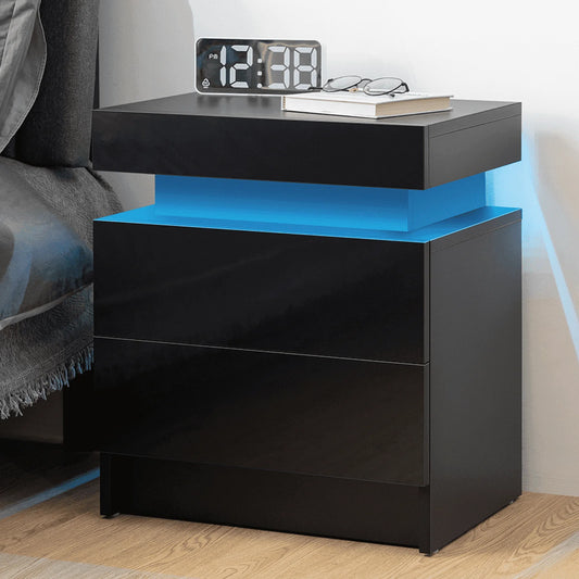 Modern LED Nightstand with 2 Drawers High Gloss Led Light Bedside Table Storage Black Night Table with Lights End Side Table with Drawer for Bedroom 20.5" Tall