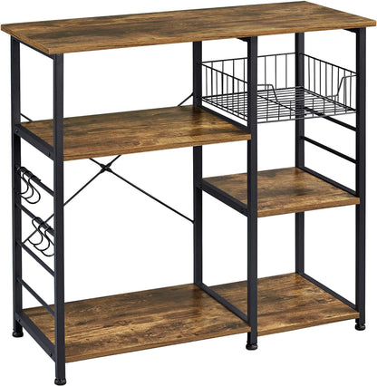 4-Tier Kitchen Baker'S Rack, Coffee Bar Microwave Stand Cart with Wire Basket & 6 Side Hooks, Kitchen Organizer Shelf for Spices/Utensils Foods, Rustic Brown